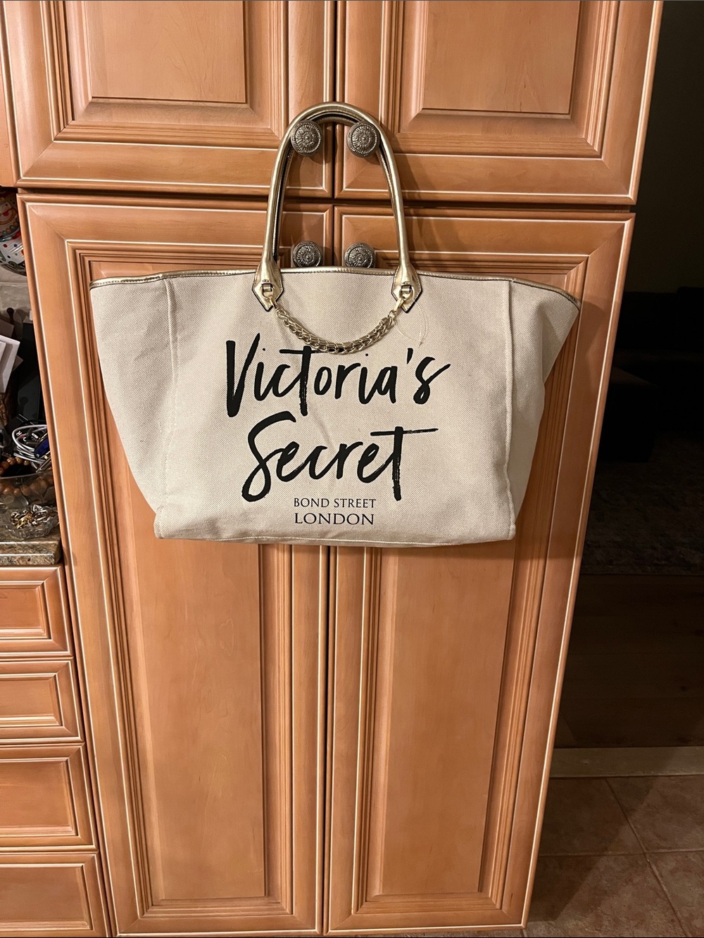 Victoria's Secret Cream Canvas Tote with Gold Chain Handles